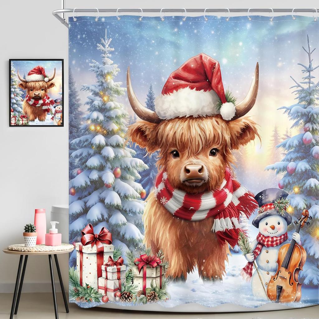 Christmas Highland Cow Shower Curtain Snowman Violin Gift Tree Design Holiday Theme Festive Decor Waterproof Fabric Xmas