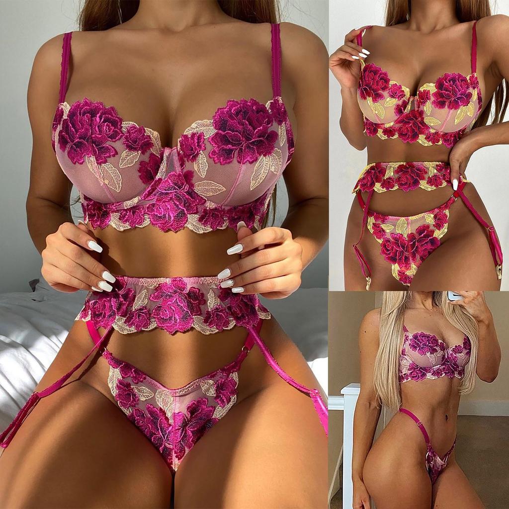 Women's Floral Lace Lingerie Set Sheer Mesh Bra and Panty with Adjustable Straps and Garter Belt for Intimate Wear