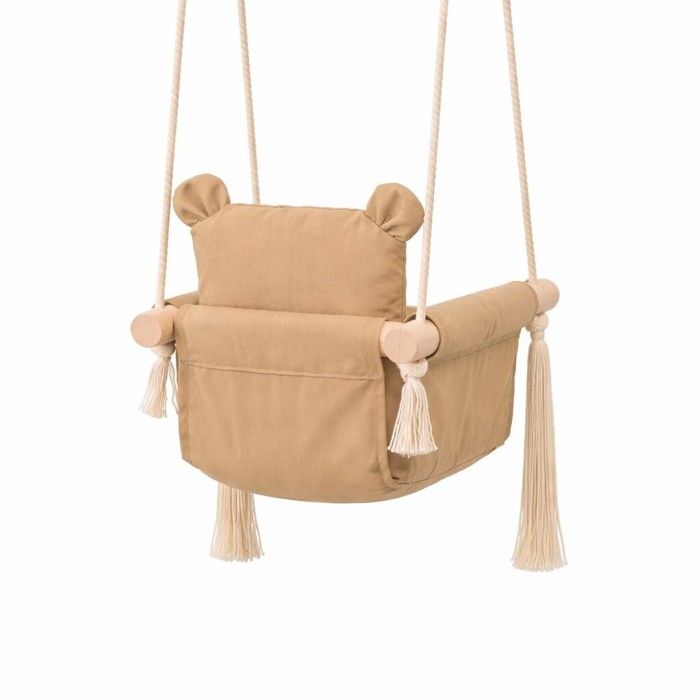 Balancoire Bebe Bois GINGER HOME Motif Ours avec Assise Coton Securisee 28 x 28 x 196 cm