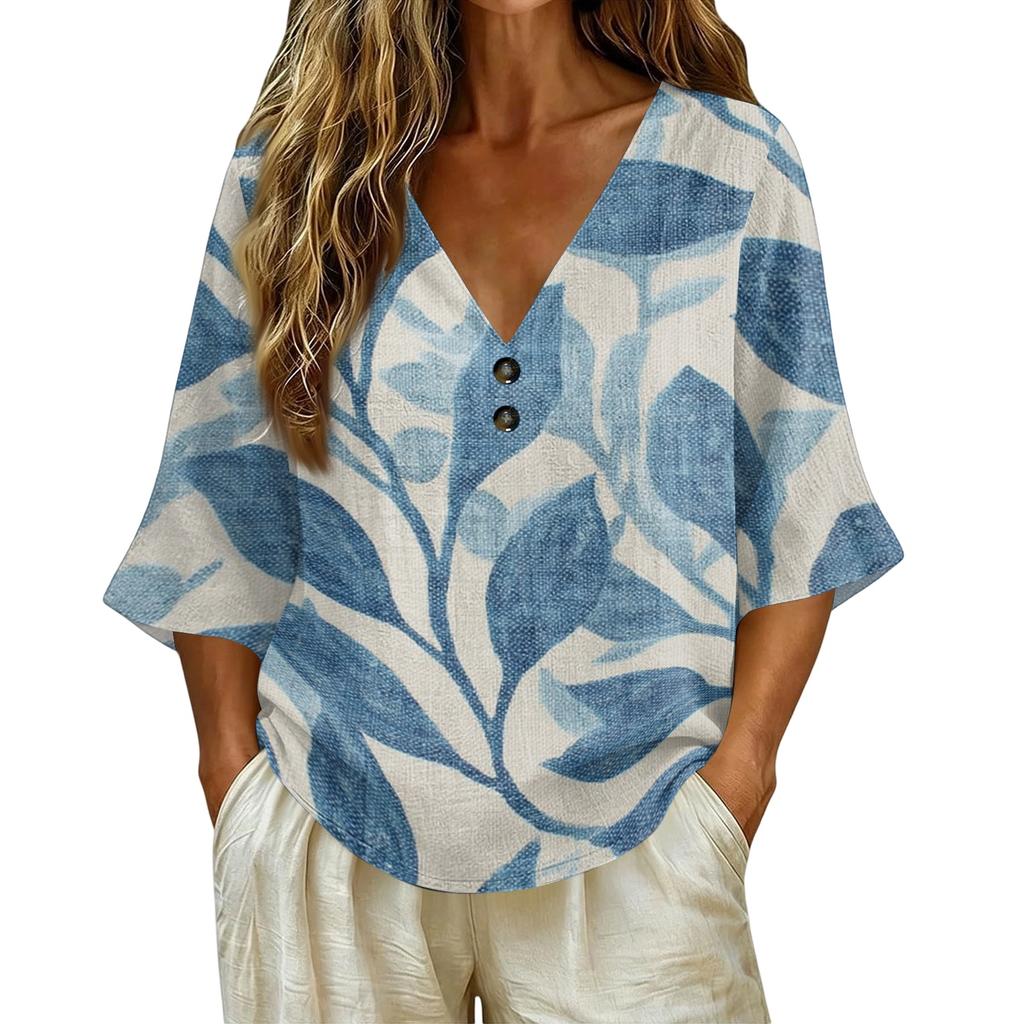 Women Vintage Floral Print V Neck Loose Fit Short Sleeve Blouse Linen Blend Casual Summer Top with Button Detail
