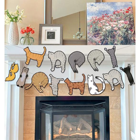 Birthday Decorations Pre-Strung Happy Birthday Cat Banner Funny Kitties Bday Party Decor Supplies Favors