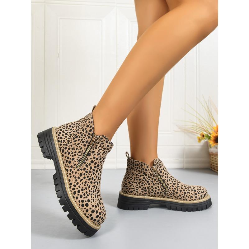Plus Size Leopard Print Platform Martin Boots 2025 Winter New Side Zipper Round Toe Booties for Women