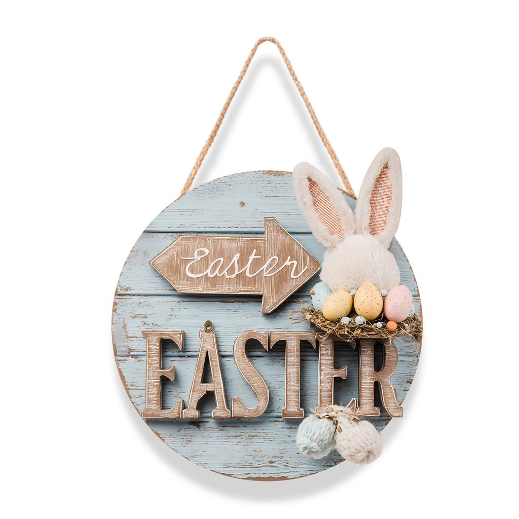 Easter Wooden Round Door Sign - Bunny Egg Hanging Plaque Decor Handmade Wood Holiday Ornament for Home Garden Party