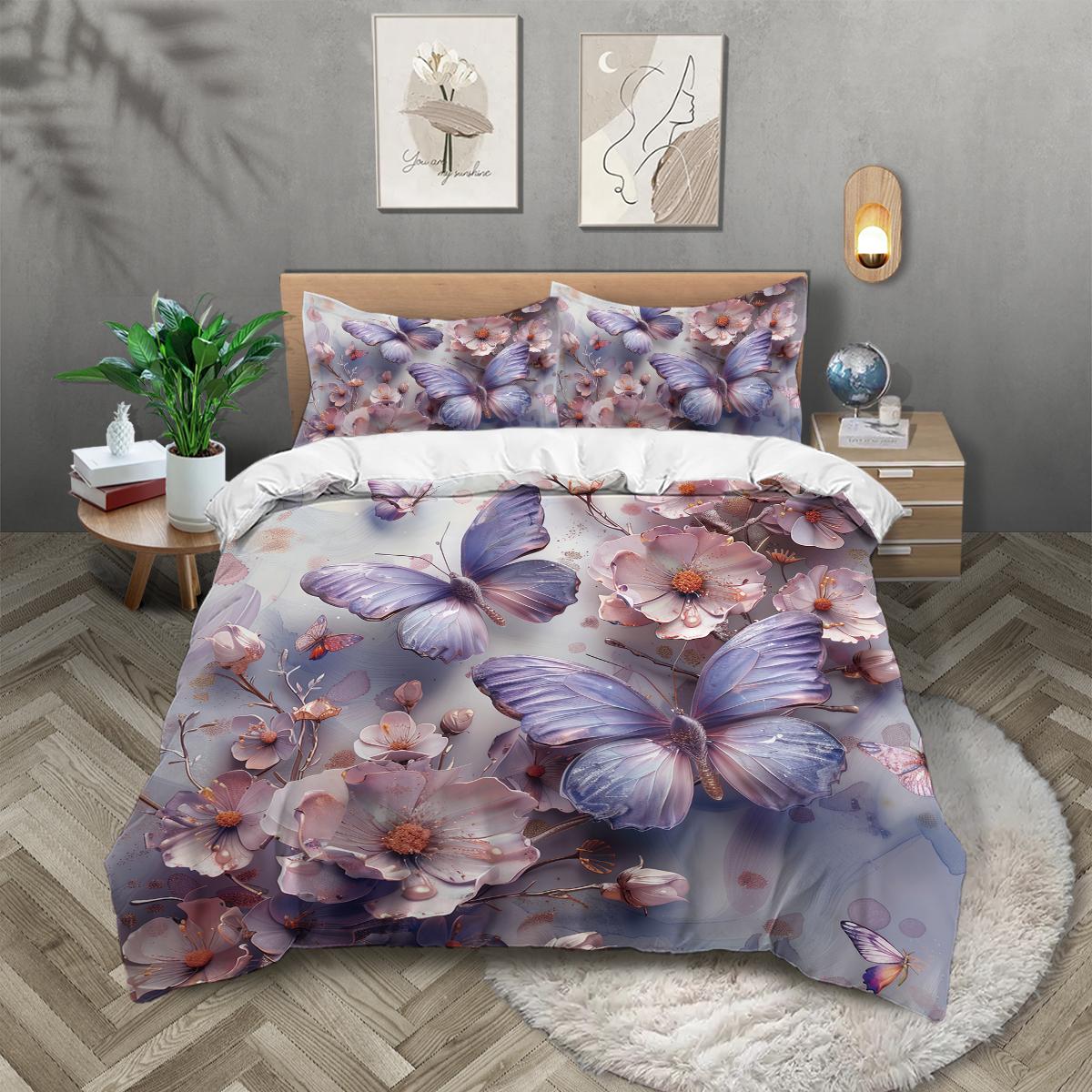 

3pcs 3D Floral and Butterfly Pattern Bedding Set, 1 Duvet Cover+2 Pillowcases, Soft and Fashionable Home Decoration for Bedroom 135x200cm-EU-Single