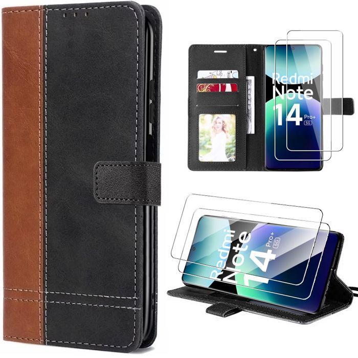 Coque - E.F.CONNECTION - Xiaomi Redmi Note 14 Pro Plus 5G - Antichoc - Cuir PU - Verres Trempés