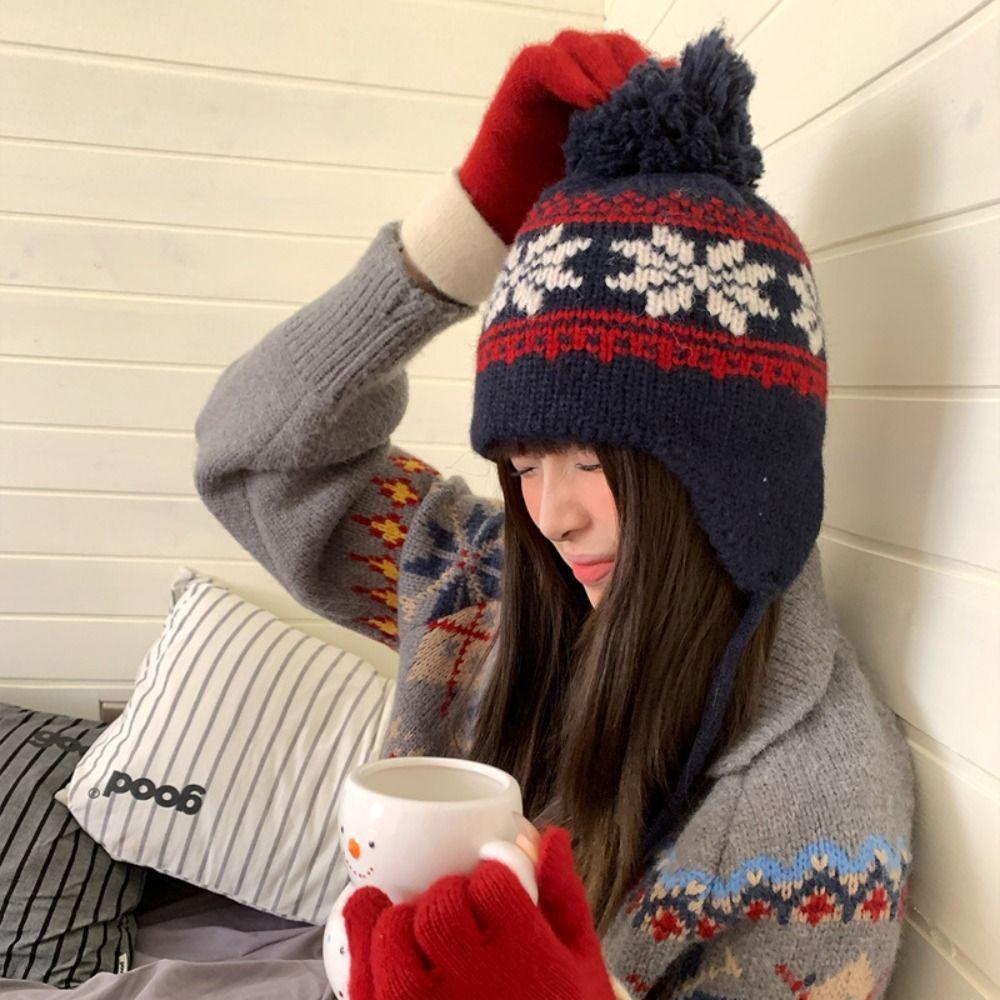 Warm Knitted Pullover Hat Korean Style Beanies Cap Sweet Jacquard Woolen Hat Autumn