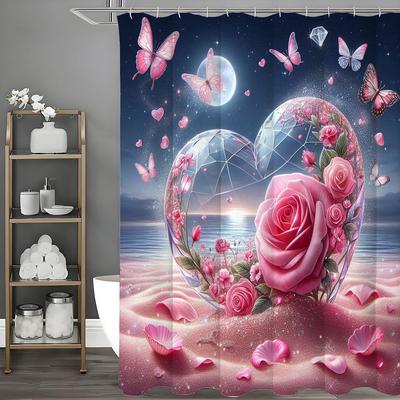 Ocean Beach Love Růžová Růže Květinový Sprchový Závěs, Koupelnový Dekorativní Sprchový Závěs, Vodotěsný Sprchový Závěs s Háčky