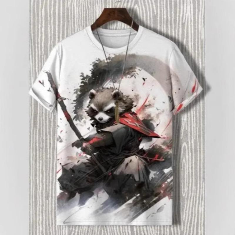 Summer Round Neck 3D Warrior Cat Printed Top Fashionable Casual Short Sleeved Men's T-shirts