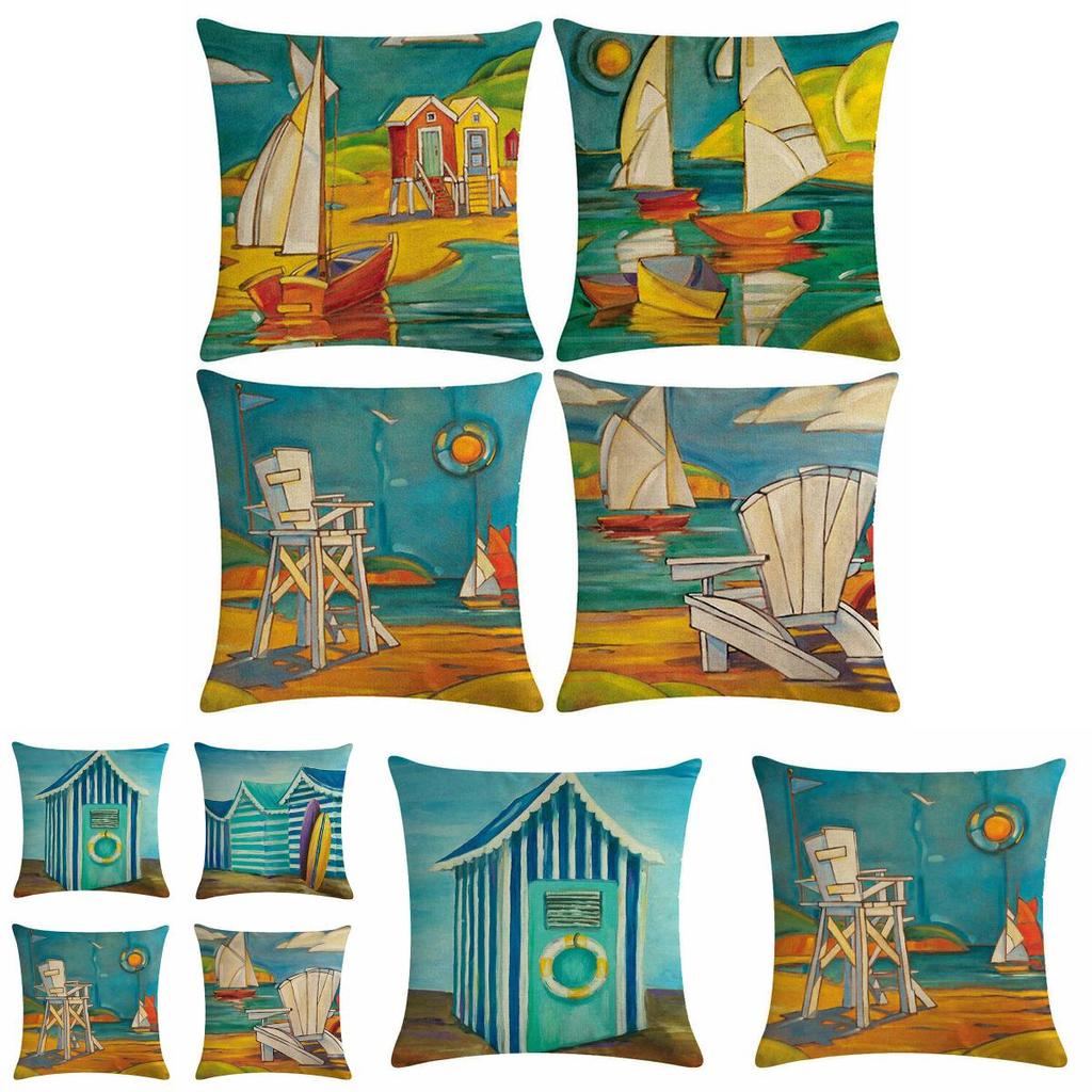 Artistic Beach Oil Painting Cushion Cover With Invisible Zipper For Stylish Interiors