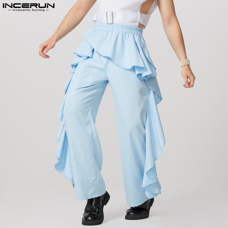 INCERUN Herrenhose mit elastischer Taille, einfarbig, unregelmäßige Rüschen, lange Hose