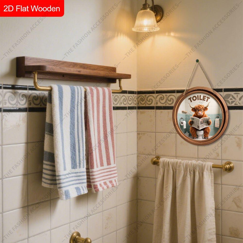 Hängande dekorativ skylt i trä, toalettdekoration, 2D platt hänge, mönstret är en ko som sitter på toaletten och läser en tidning, present till en vän