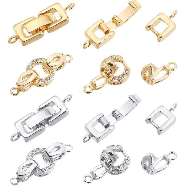 SUPERFINDINGS 8 Sets 2 Styles Brass Fold Over Clasps 2 Colors Zirconia Extender Clasp Closure End Caps for Bracelet Necklace Jewelry Extender