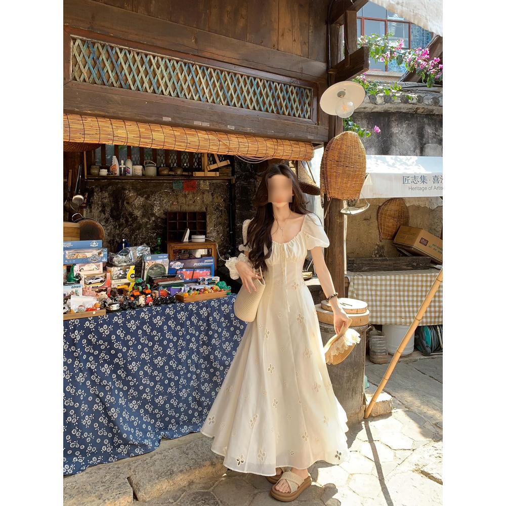 Gentle Wind Temperament Long Dress Summer Bubble Sleeve Strap Square Neck Dress Children Embroidery Hollow