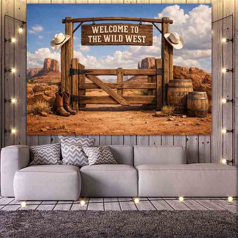 Wild West Desert Wooden Gate Cowboy Photography Backdrop Canyon Barrel Cowboy Hat Boots Vintage Western Party Photo Deco