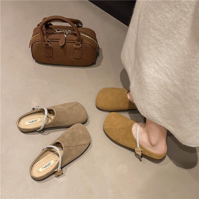 Flat-bottomed Bag Head Half Slippers Women's Summer Wear 2025 New One-pedal Shoes Rhinestone Cold Slippers