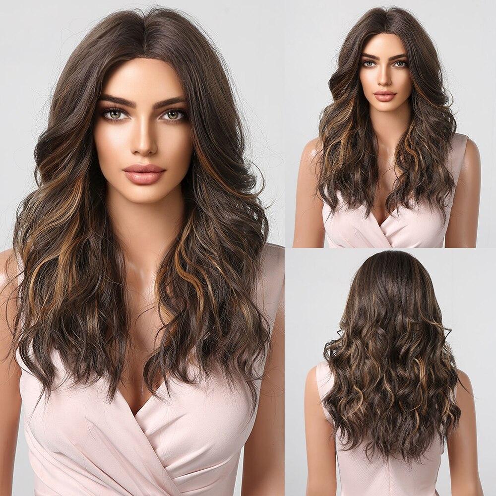 ALAN EATON Long Ombre Brown Synthetic Wig Brown Highlight Middle Part Hair Wig for Women Daily Use Natural Heat Resistant Fiber