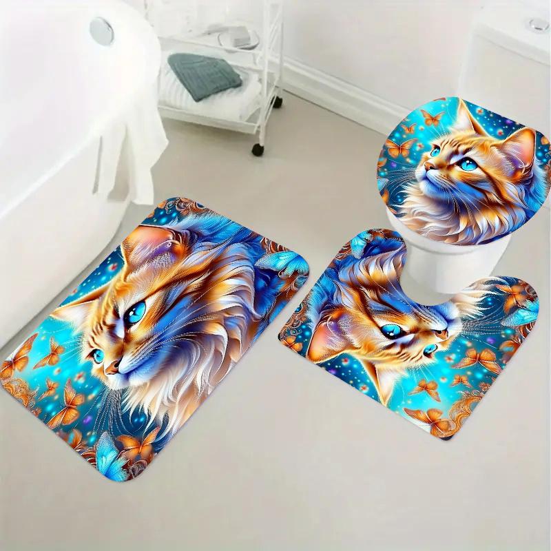 4Pcs Dreamy Cat Shower Curtain Set with Non-Slip Bath Mat, Toilet Lid Cover, Contour Rug & 12 Hooks, Bathroom Decor