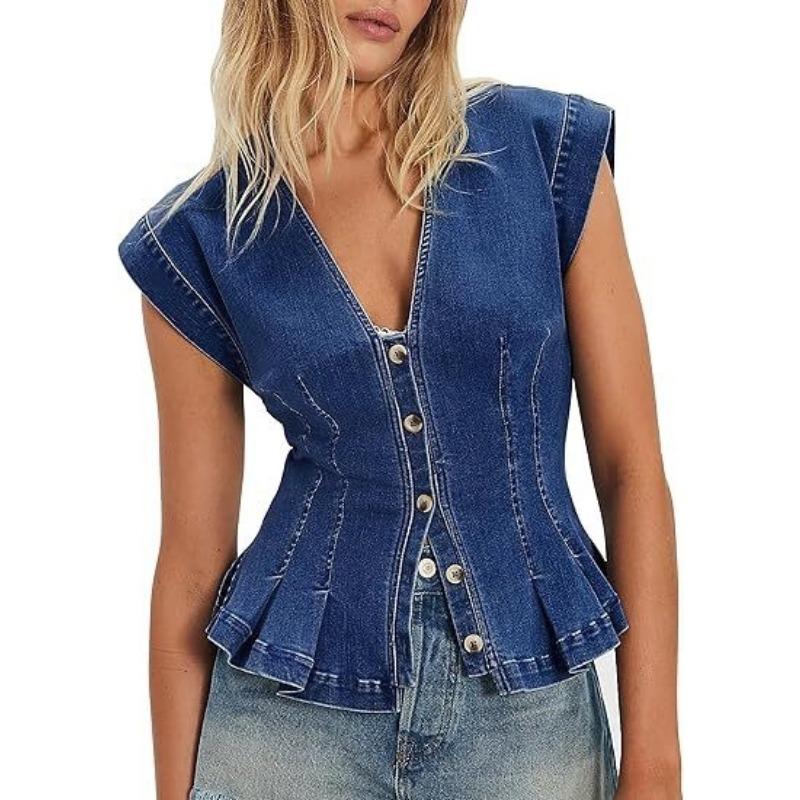 Women S V Neck Denim Vest Buttoned Slim Fit Casual Short Top