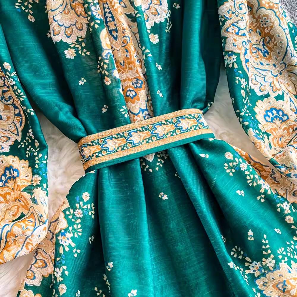 Robe de soirée longue et élégante pour femme, style vintage, style palais, surdimensionnée, avec ceinture imprimée, style festival, nouvelle collection printemps-été