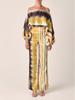D9713 Women's Casual Satin Print One-Shoulder Top & Long Pants Two-Piece Set