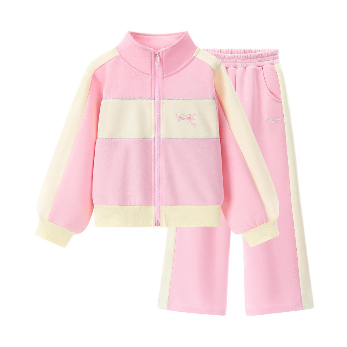 Autumn Color Block Casual Set: Stand-up Collar Jacket + Wide-leg Pants for Girls 130 cm