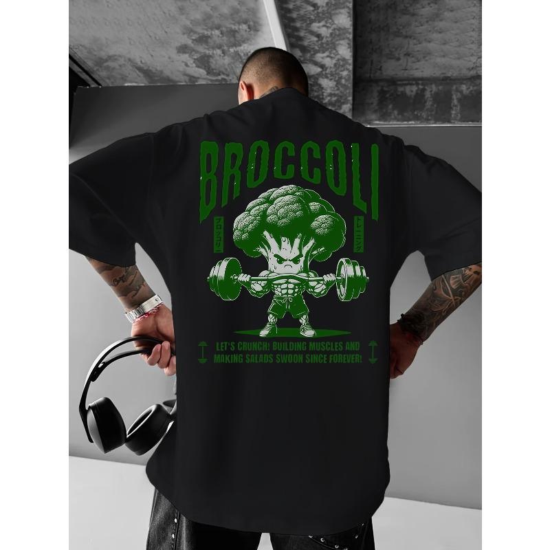 Men'S Heavyweight T-Shirt - Broccoli Graphic Back Print - Gym & Casual Streetwear Tee - Breathable Summer - Everyday ,Comfortable Fit