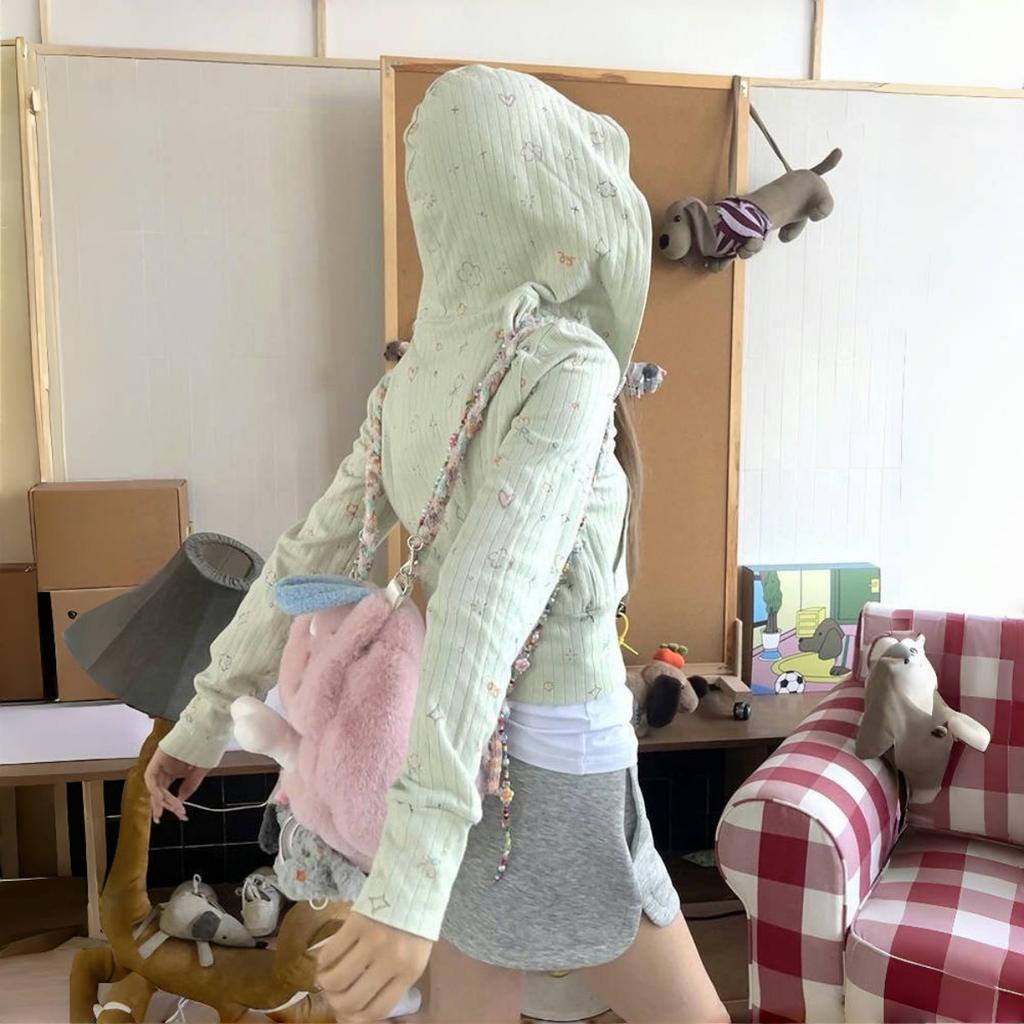 VAYLA Süße Sweatshirts mit floralem Print, neue Slim-Fit-Oberteile für Damen, Y2k Grunge, langärmlige Cardigan-Jacken mit Reißverschluss