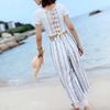 2023 Women's Summer Chiffon Wide-Leg Lace-Up High Waist Slit Pants with Lace Patchwork (F294)