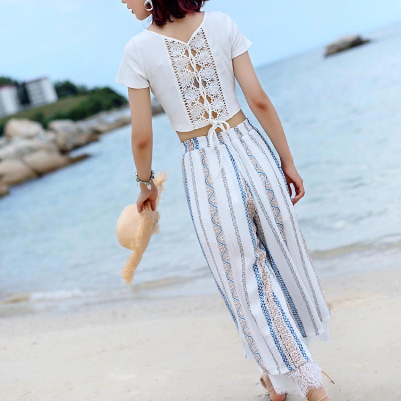 2023 Women's Summer Chiffon Wide-Leg Lace-Up High Waist Slit Pants with Lace Patchwork (F294)