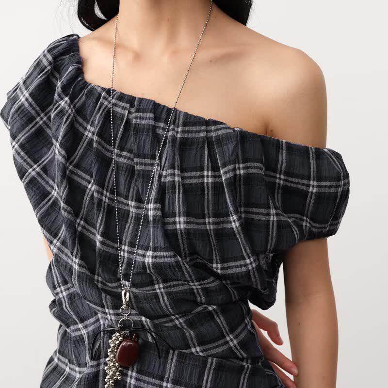 GREEN BELT Blue-Black Plaid Off-Shoulder A-Line Long Dress