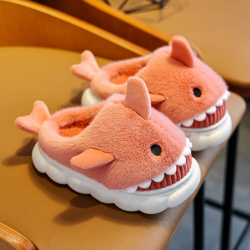 Boys' Cartoon Shark Cotton Slippers: Soft, Warm, Non-Slip Winter Shoes for Indoor Wear