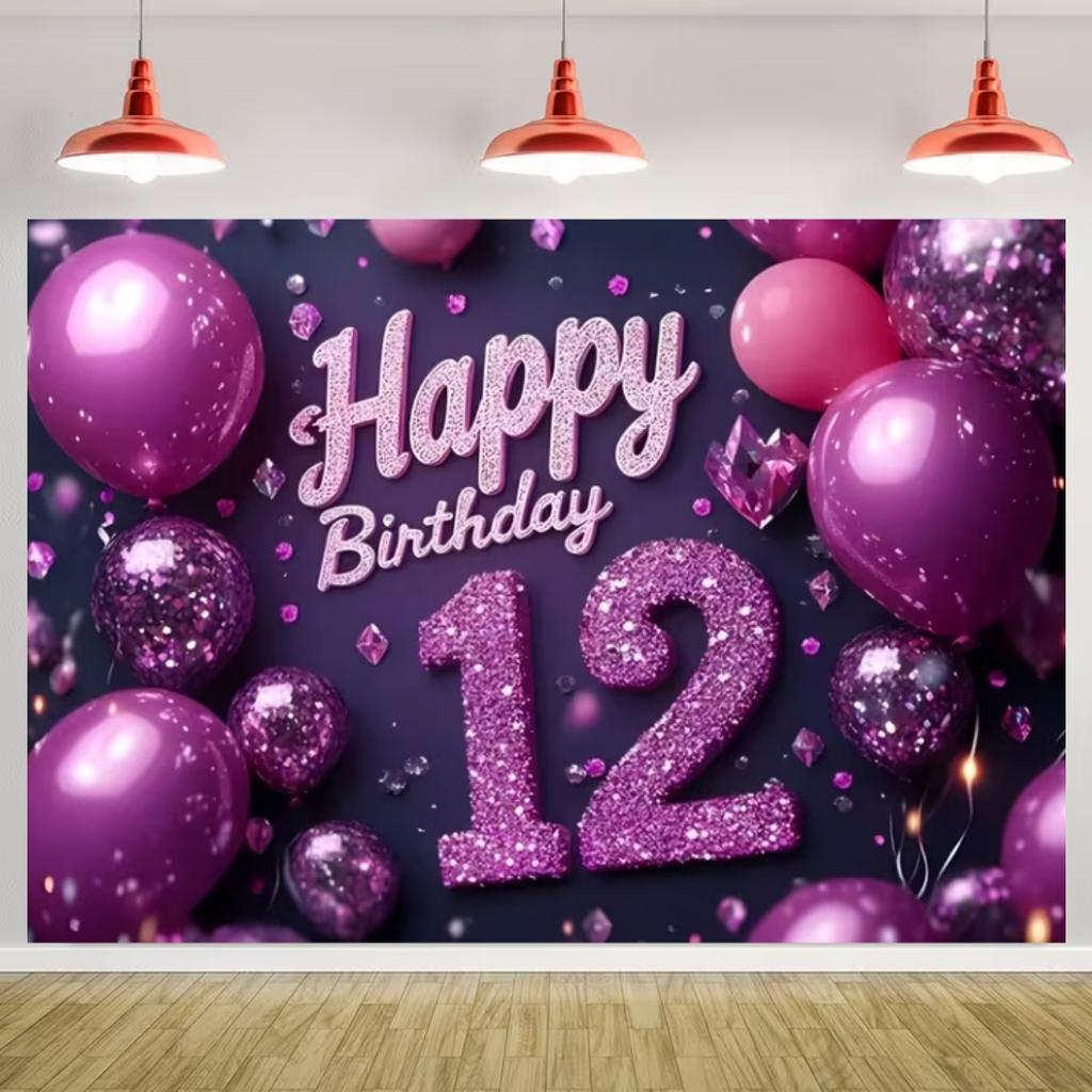 Happy 12th Birthday Banner Black Gold Balloon Background Party Decoration Boys Girls Birthday  Photography Backdrop Kids Gifts