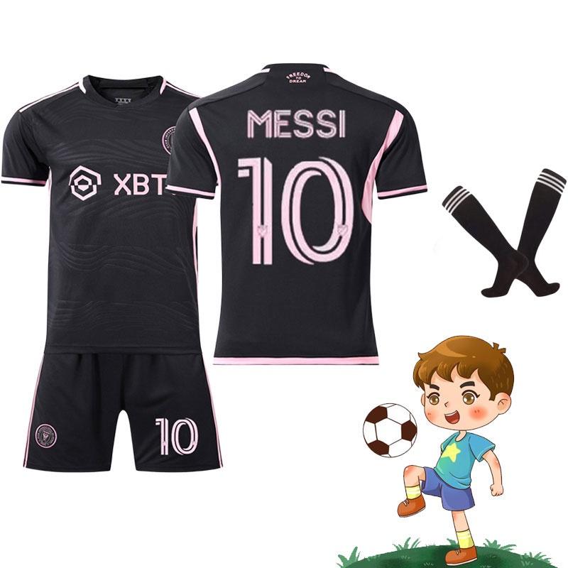 Miami 10 Messi Fußballuniform Heim Auswärts Schwarz Rosa Polyesterstoff Hemd Hose Socken Enthalten