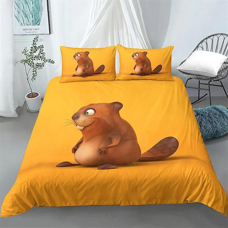 Cartoon Beaver Duvet Cover King Queen Funny Lovely Animal Bedding Collection Kids Girls Wildlife Polyester Comforter Cover Pillowcase