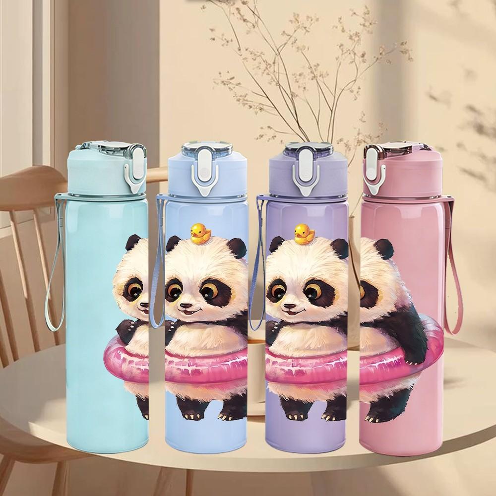 1PC Panda With Pink Swim Ring Pattern 750ml Color Plastic Sports Water Bottle Leakproof Flip Straw Lid Suitable for Sports Office Home Use