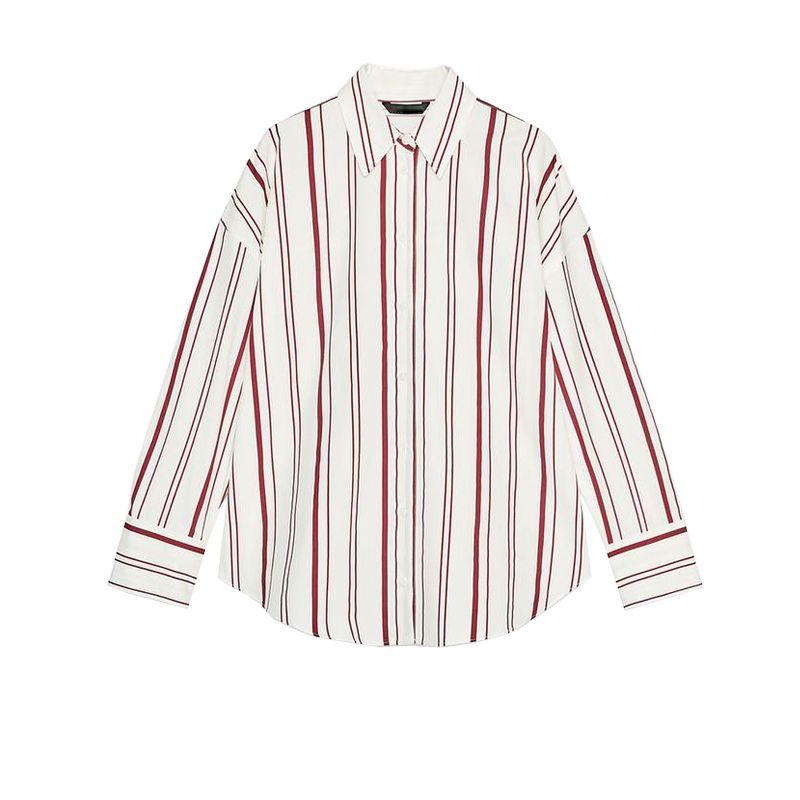Spring New Women's Clothing Lapel Long Sleeves Loose Poplin Stripes Shirt 2262115 2262116