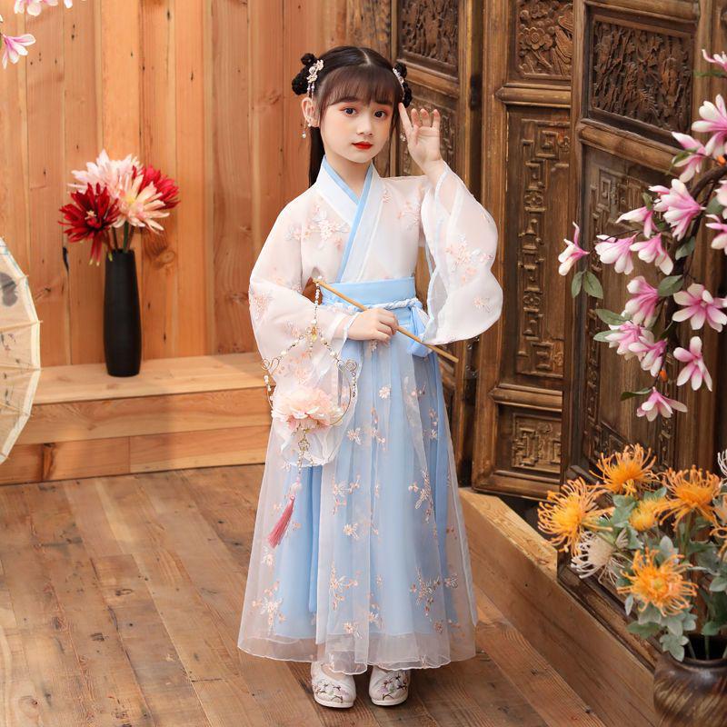 Letnia Sukienka Hanfu w Chińskim Stylu dla Dziewcząt - Elegancka Księżniczka Wróżka z Haftem i Szerokimi Rękawami