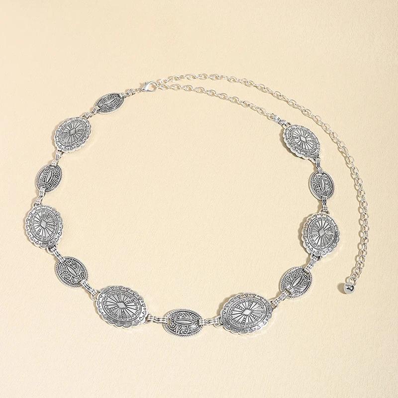 Retro style women's metal waist chain accessories Decorative circle carved chain belt high style accessories