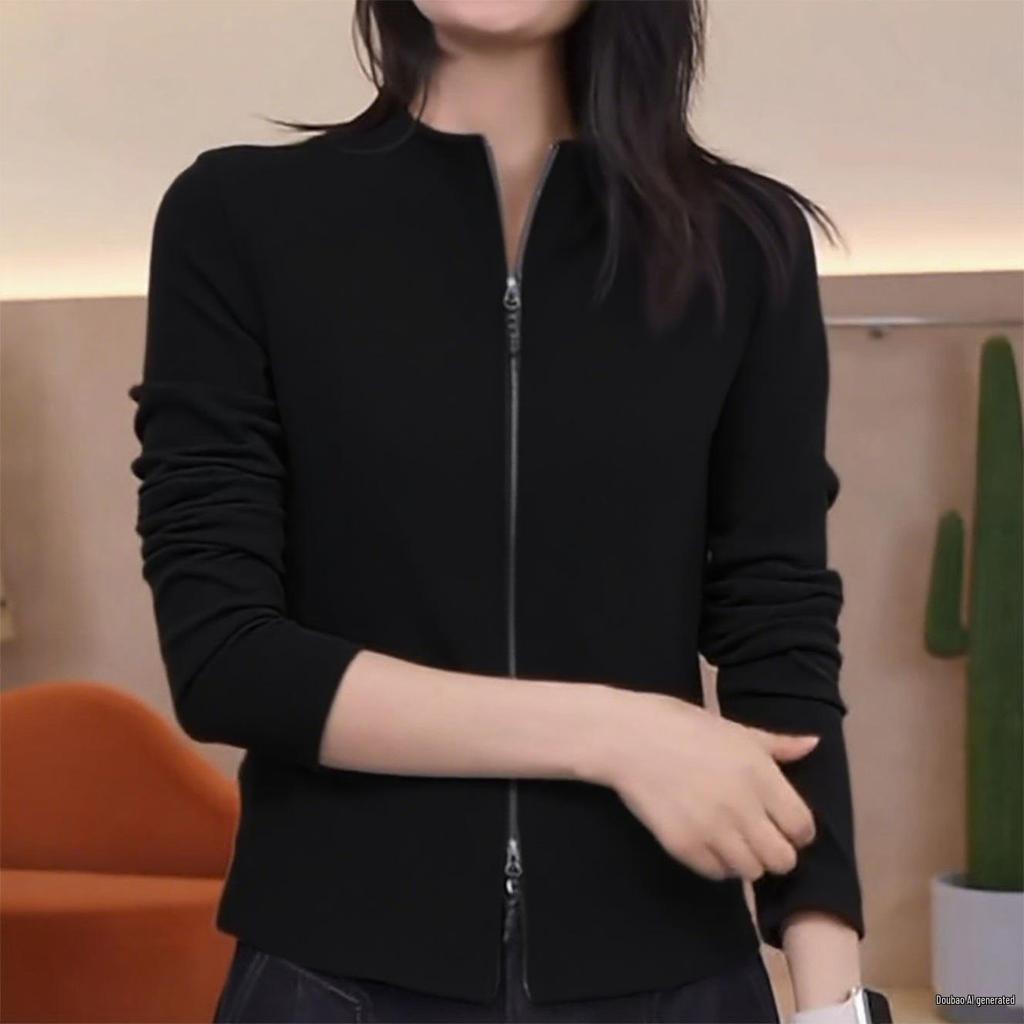 Versatile Women's Stand Collar Slim Fit Double Zipper Jacket - Stylish Long Sleeve T-shirt Cardigan for Autumn/Winter