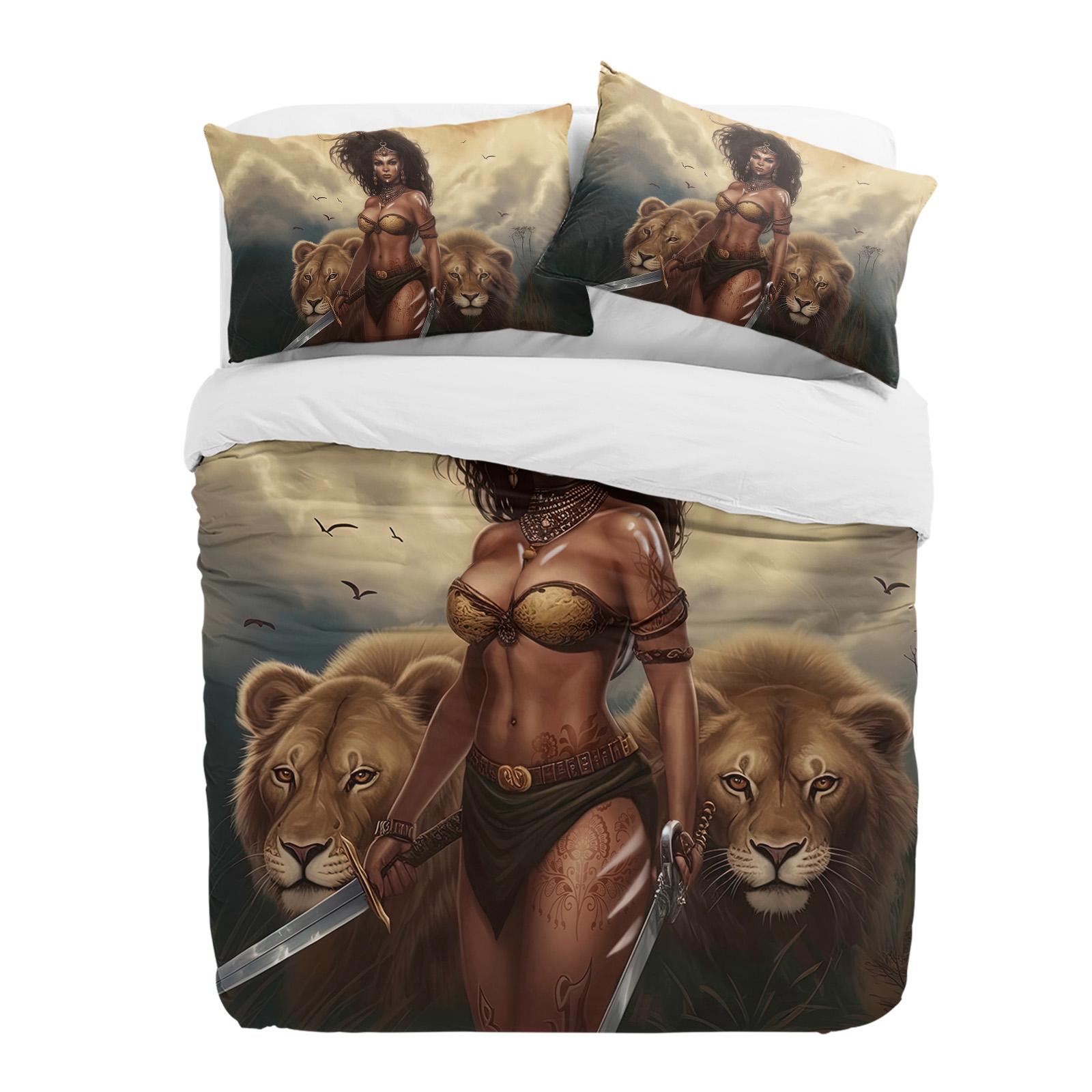 

African Savanna Woman Lion 3pcs Bedding Set For Double Bed Home Textile Duvet Cover Quilt Cover Pillowcase (135x200cm)