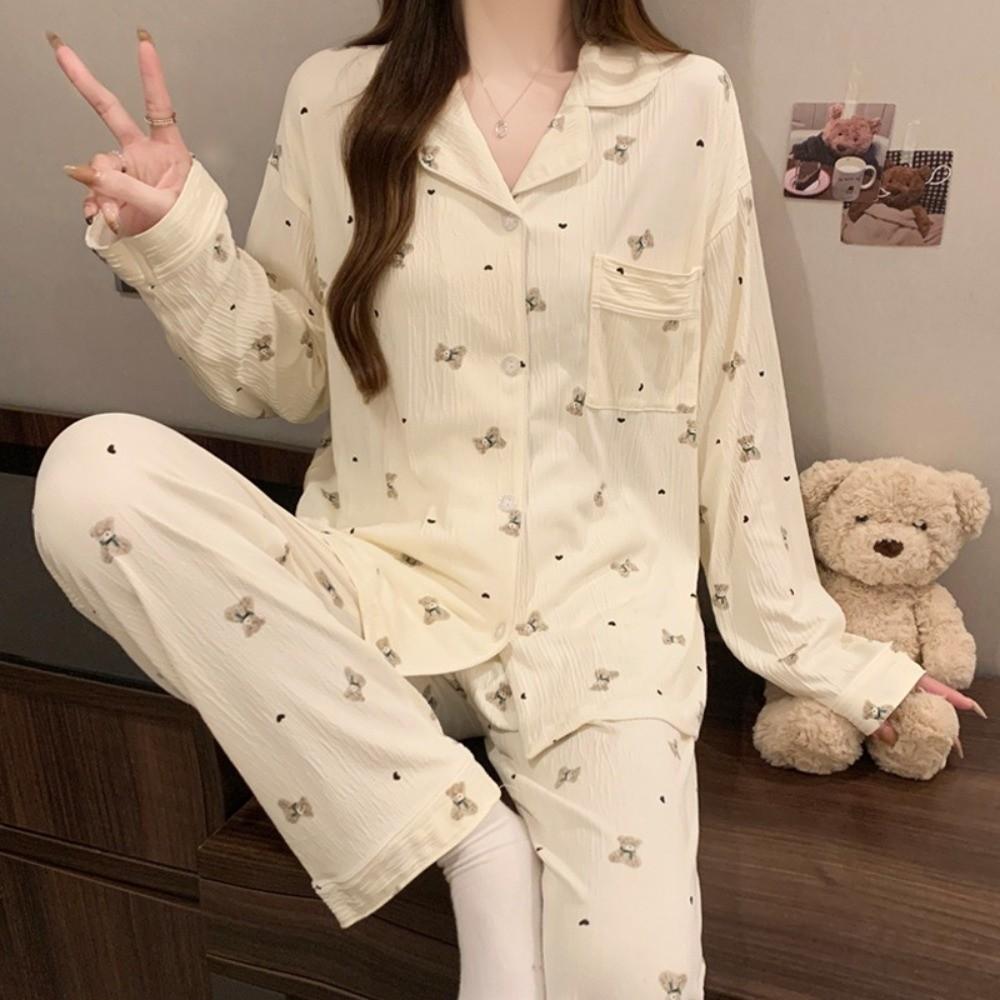 Bear Long Pajama Set Bow Lady Nightwear Suit Comfortable Women's Loungewear Female