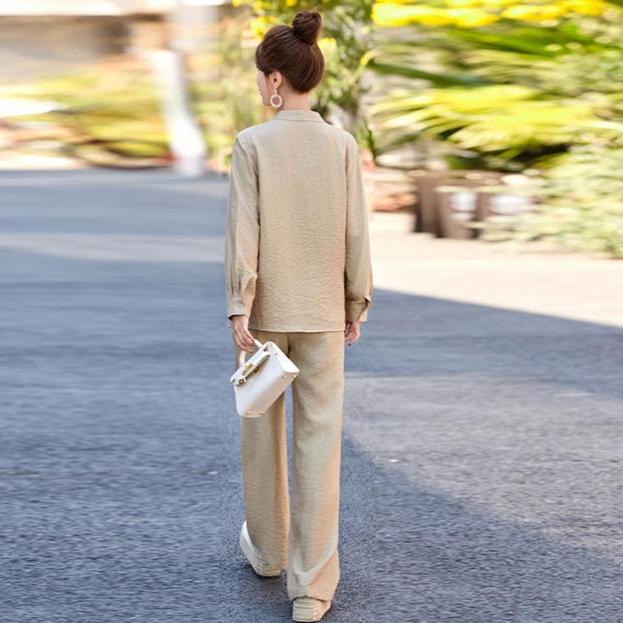 Casual Fashion Suit Women's Spring and  New Design Sense Age-reducing and Thin Shirt Wide-leg Pants Two-piece Set
