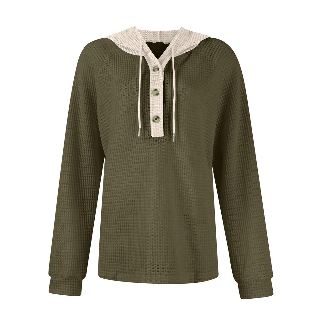 Damska bluza z długim rękawem i ściągaczem w blokach kolorów, z kapturem i guzikami, z dekoltem w serek, w swobodnym stylu