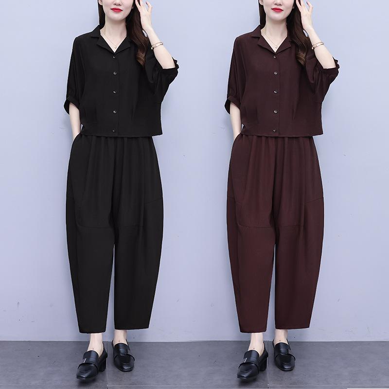 Plus Size Casual Short-sleeved Suit Women's Summer Fashion Loose Top Temperament Harem Pants Two-piece Suit