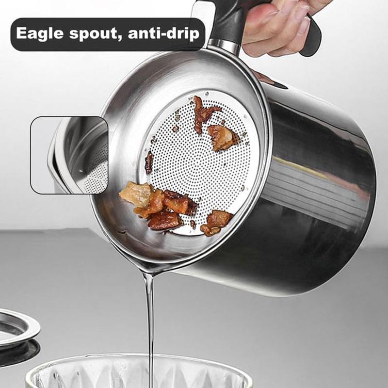 1.4L Bacon Grease Container with Fine Mesh Strainer Stainless Steel Oil Container Can Oil Filter Pot Kitchen Oil Storage Can