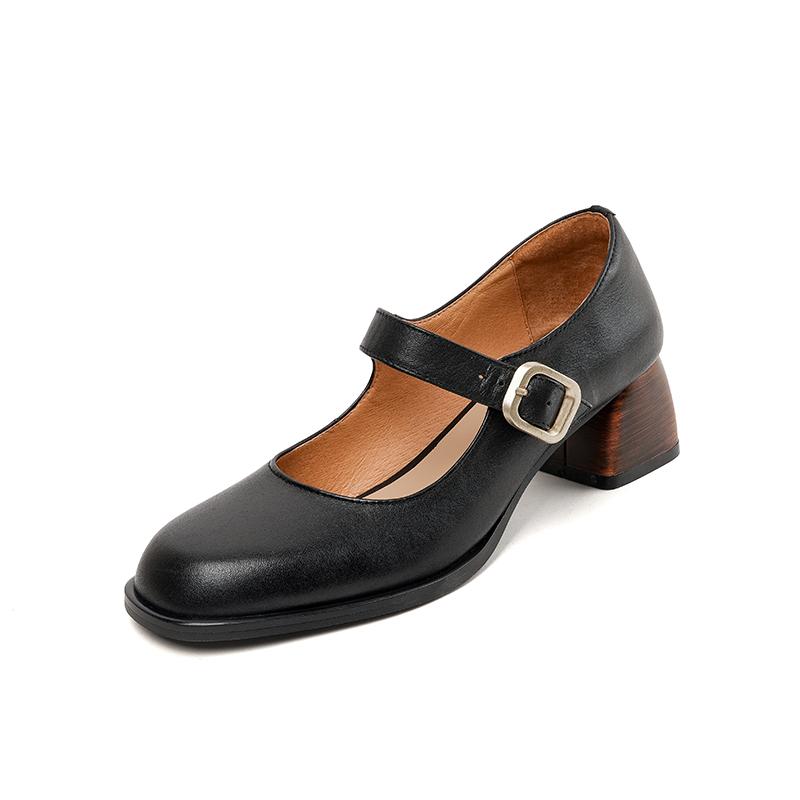 

Качественные женские туфли-лодочки из натуральной кожи 2024 года, весна-лето, ретро-стиль, лаконичные туфли на толстом каблуке с пряжкой, женские повседневные туфли Мэри Джейн 34 чёрный