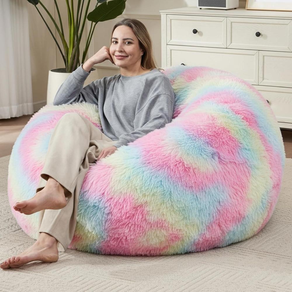 Comfy Soft Fluffy Plush Lazy Sofa Cover Large Size Round Bean Bag Chair Cover Cozy Colorful Beanbag Sofa Cover Dorm Room