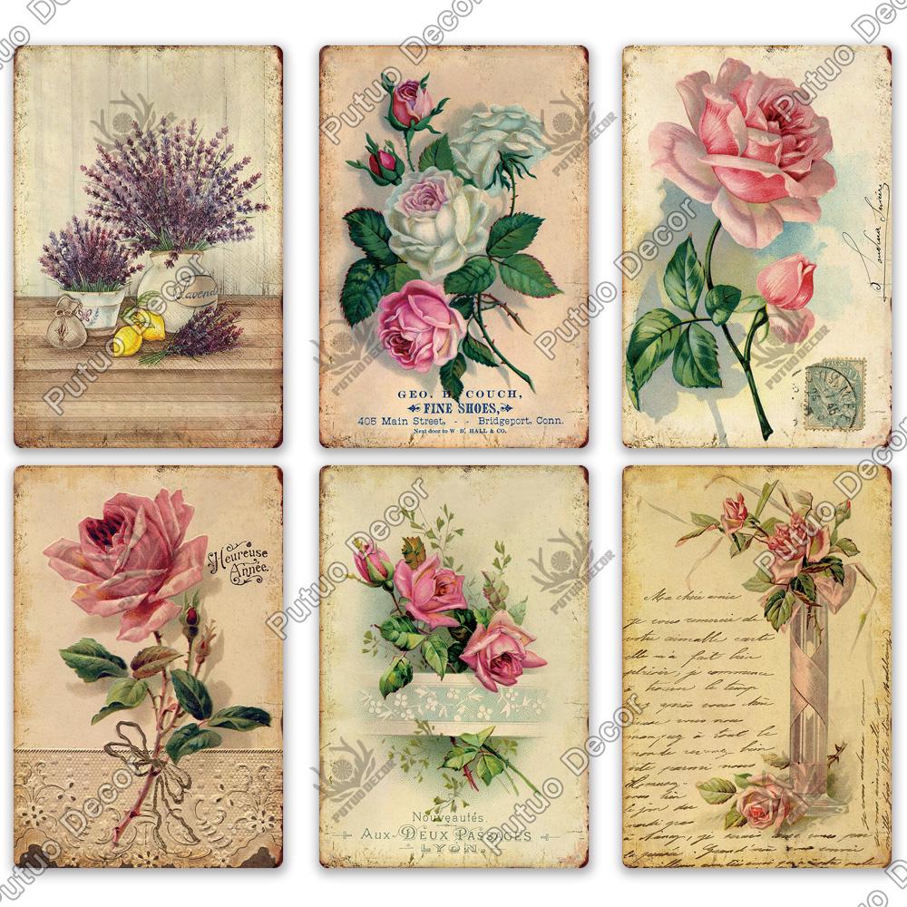 Putuo Decor Flower Vintage Poster Plaque Metal Tin Sign Wall Decorative for Barn Room Kitchen Garage Iron Painting