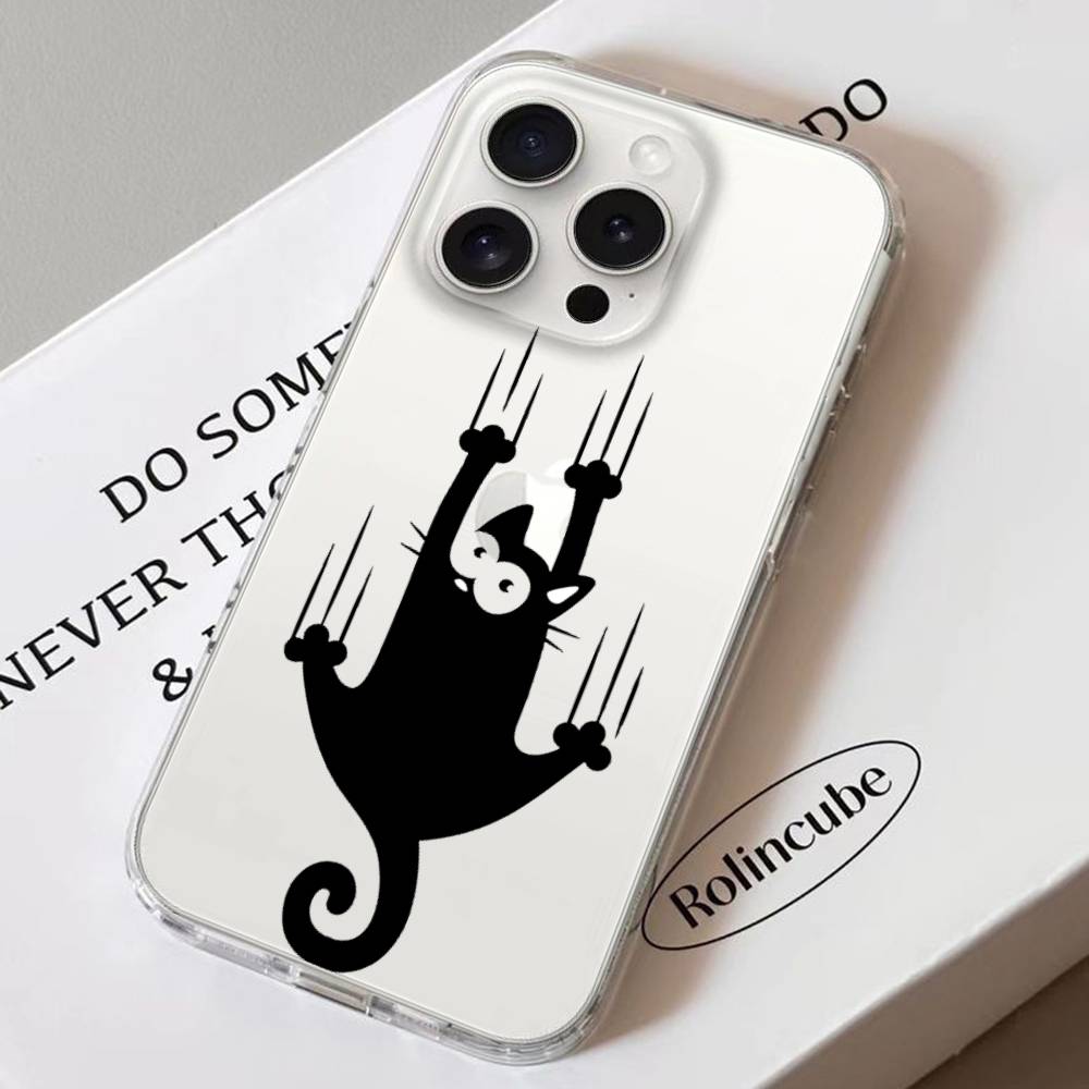 Black Cat Scratching Wall Phone Case Soft Transparent Case For IPhone 17 16 15 14 13 12 11 Pro Max Mini Plus Shockproof Cover Ca