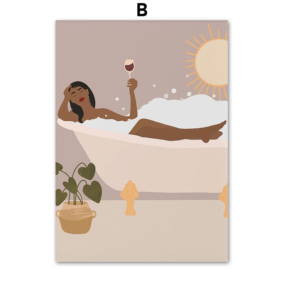 Fashion Black Girl Flowers Bathtub Leaf Abstract Wall Art Canvas Painting Boho Poster And Prints Pictures For Living Room Decor